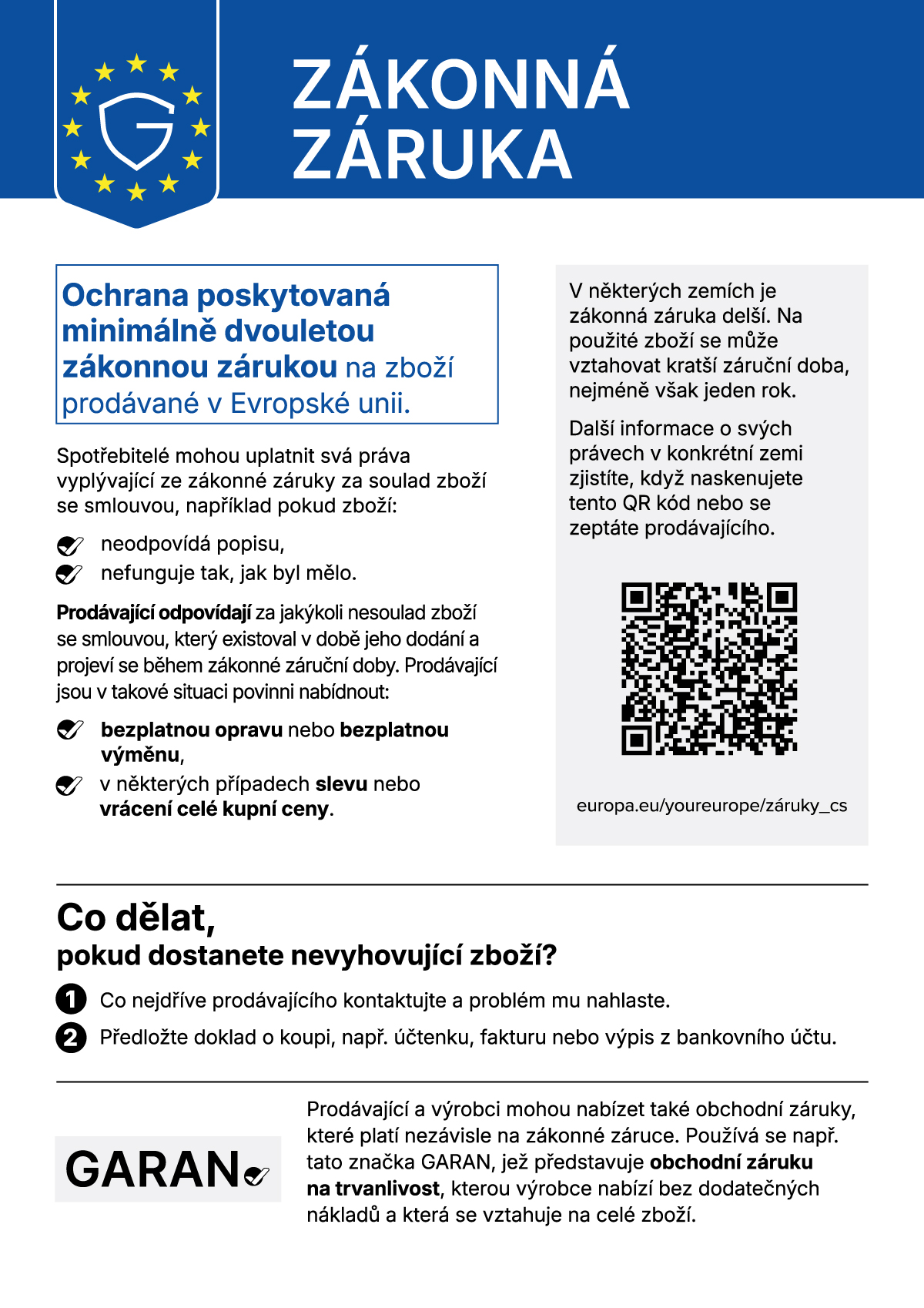 Informační oznámení EU o zákonné záruce na zboží prodávané v Evropské unii